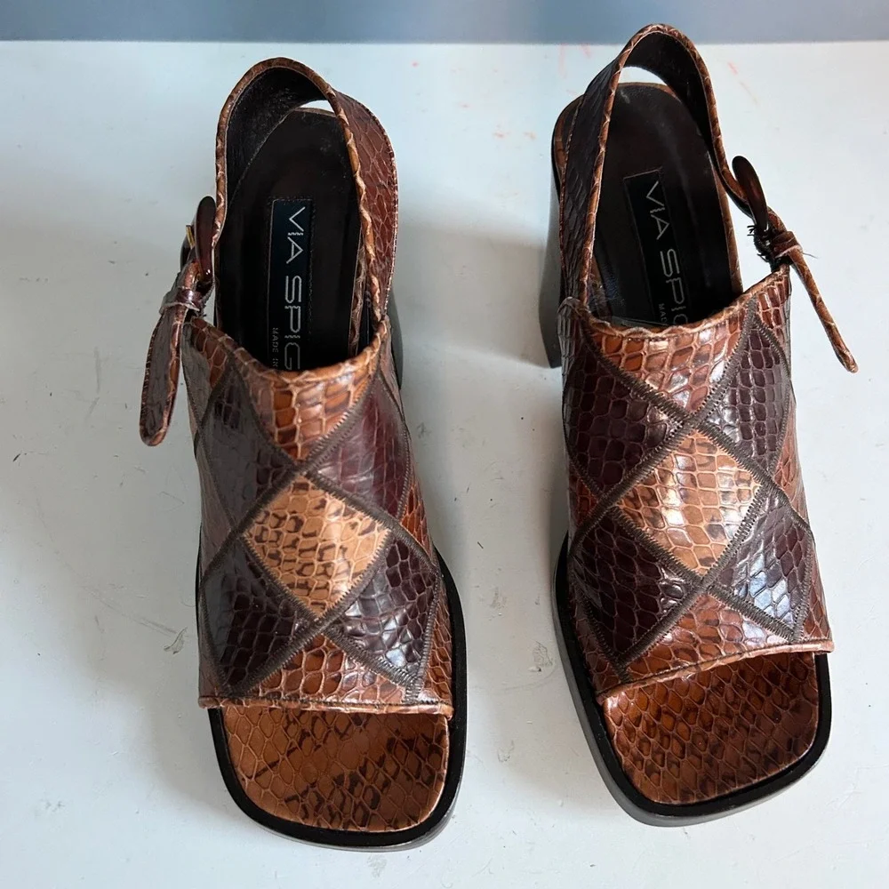 Y2K Via Spiga Patchwork Snakeskin Slingback Block Heel Sandal Brown Size 7 Italy